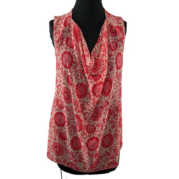 CABI #5037 Vita Sleeveless Draped Cowl Neck Top Cutout Back Red Pink Floral S - Picture 1 of 9